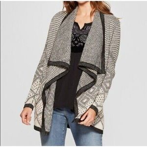 KNOX ROSE Geometric Open Front Waterfall Cardigan Sweater Black White + Shimmer